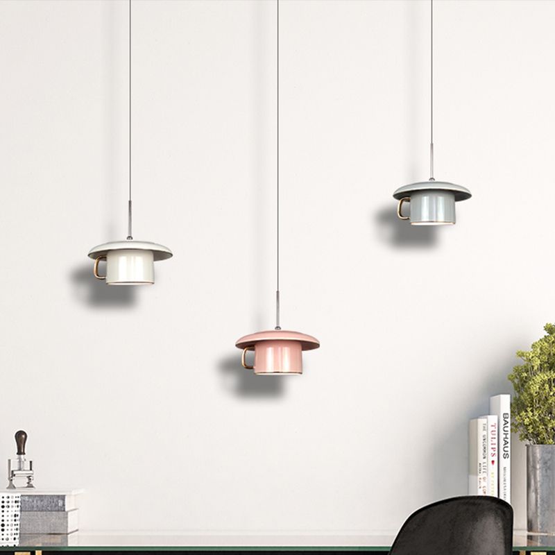 Macaron Coffee-Cup-vorm Down Lighting Ceramics 1 Bulb woonkamer LED-suspensielamp in wit/roze/grijs