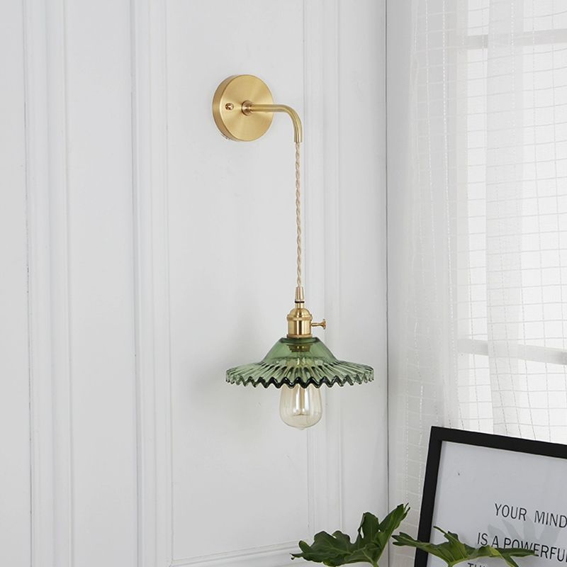 Green Glass Scalloped Wall Sconce Industrial 1 Light Living Room Lighting Fixture in Brass