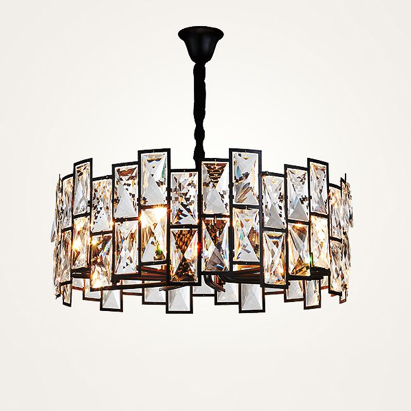 6-Light Living Room Chandelier Modern Black Pendant Light with Drum Crystal Shade