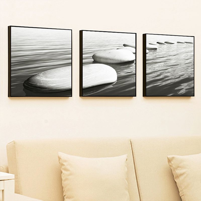 Seaside Oval Stone Scene Painting Light Color Modern Wrapped Canvas for Living Room