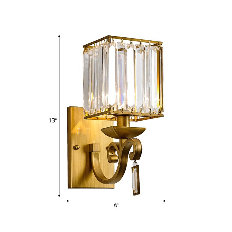 Traditional Armed Sconce Metal 1 Bulb Wall Mounted Light Fixture in Gold with Square Ribbed Glass Shade
