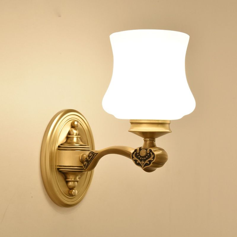 1/2-Head Wall Mount Lighting Vintage Style Bell Shade White Glass Sconce Lamp in Brass for Living Room
