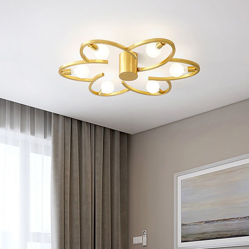 Modern Flower Semi Flush Mount Metallic 5/6-Head Bedroom Close to Ceiling Lighting in Gold