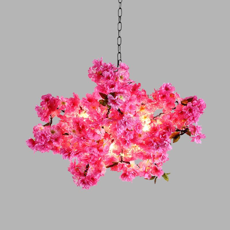 5 Lights Cherry Blossom Chandelier Industrial Pink Metal LED Pendant Light for Restaurant