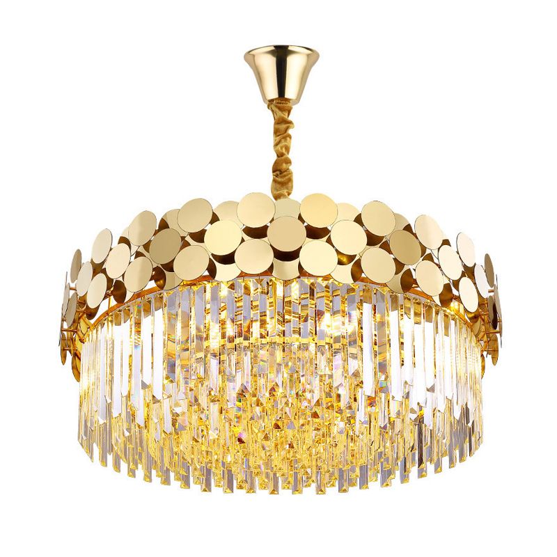 9 Heads Chandelier Lighting Country Drum Crystal Pendant Light Kit in Gold with Metal Dotted Design