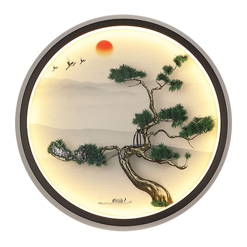 Green Pine Mural Light Fixture Asian Metal LED Wall Mounted Lamp with Black Round Frame