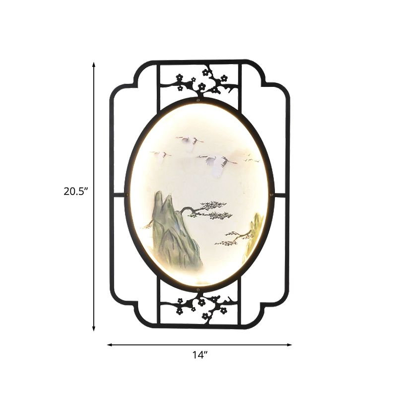 Fabric Halcyon LED Mural Light Asian Black Sconce Lighting Fixture with Rectangle Frame