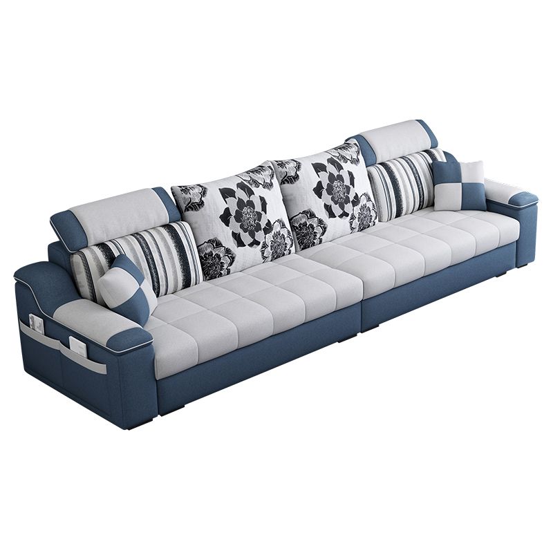 Pillow Top Linen Sofa & Chaise 31.5" H Loose Back Sofa in Grey and Blue