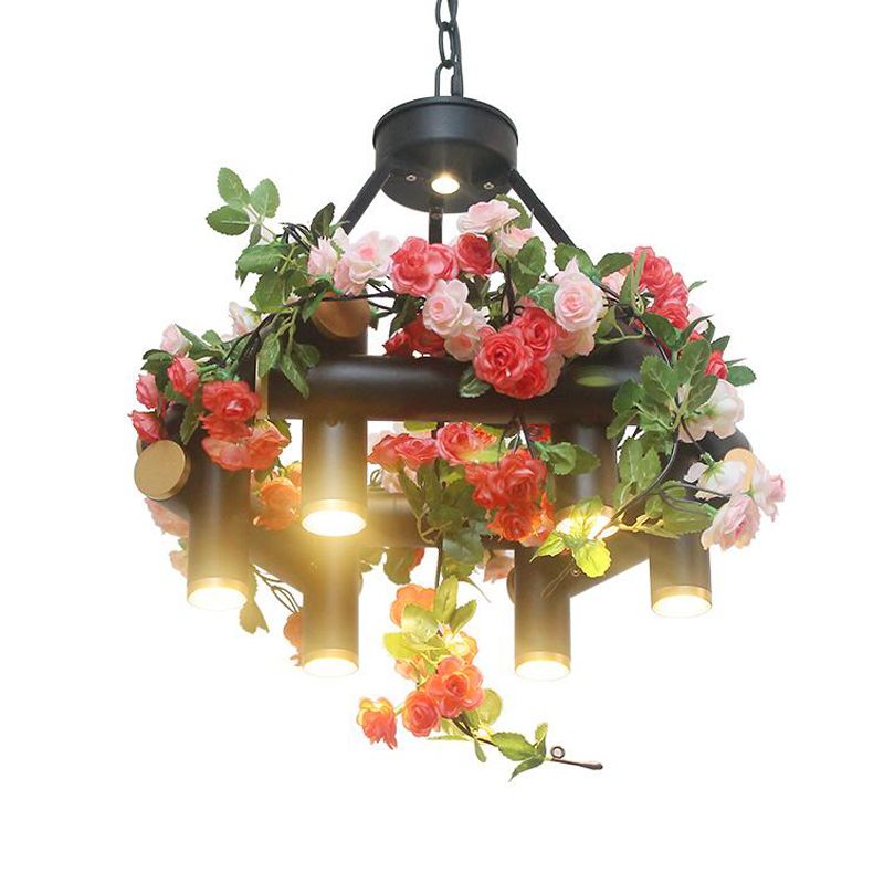 6-Licht-Kronleuchterlampe Vintage Tubular Iron Down Lighting Anhänger in Schwarz mit künstlicher Blume