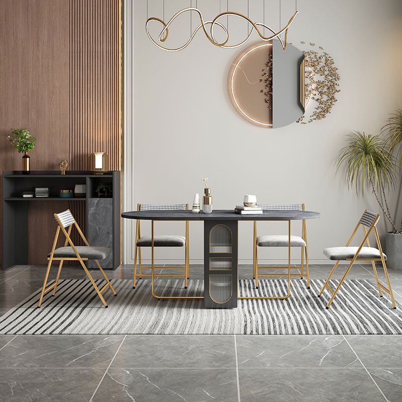 59'' Foldable Sintered Stone Top Dining Table Modern Oval Table with Storage Trestle Base