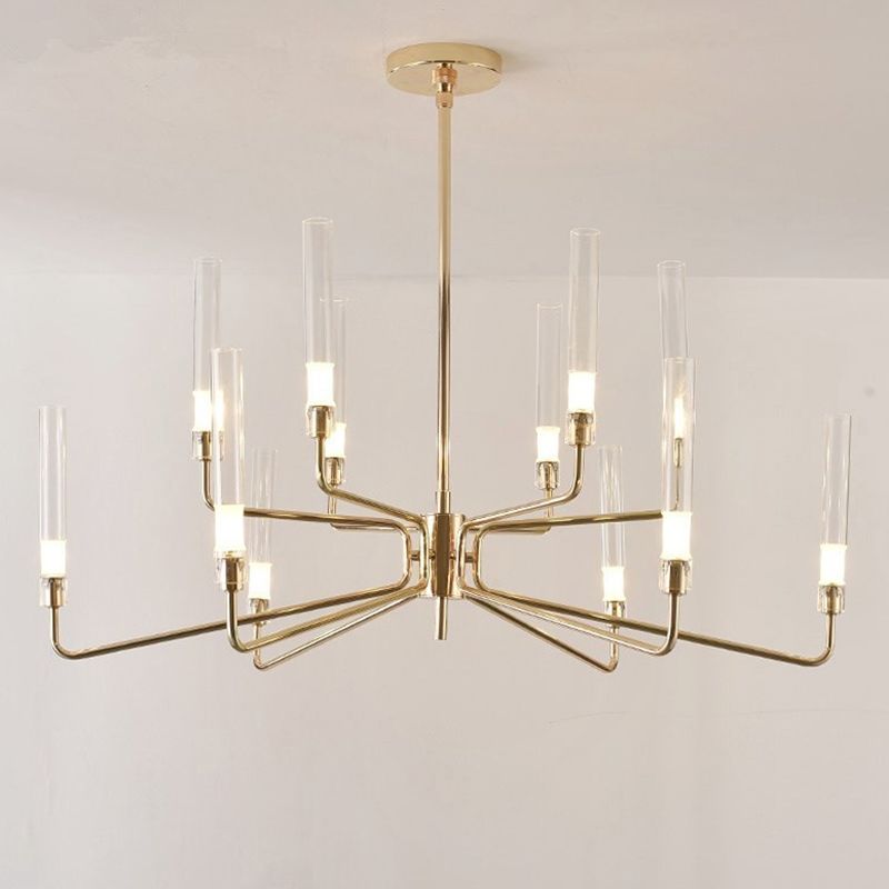 Gold Metal Pendant Light Mid-Century Cylindrical Clear Glass Shade Chandelier Lighting for Living Room