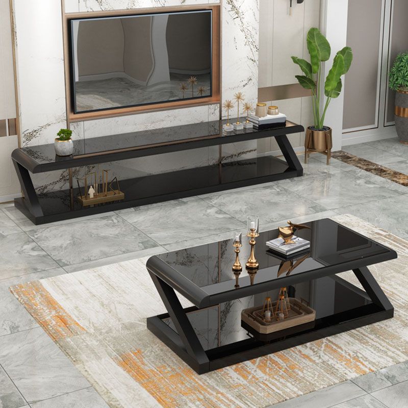 17.7"H Rectangle Glass Coffee Table Steel Abstract Base Cocktail Table with Shelf