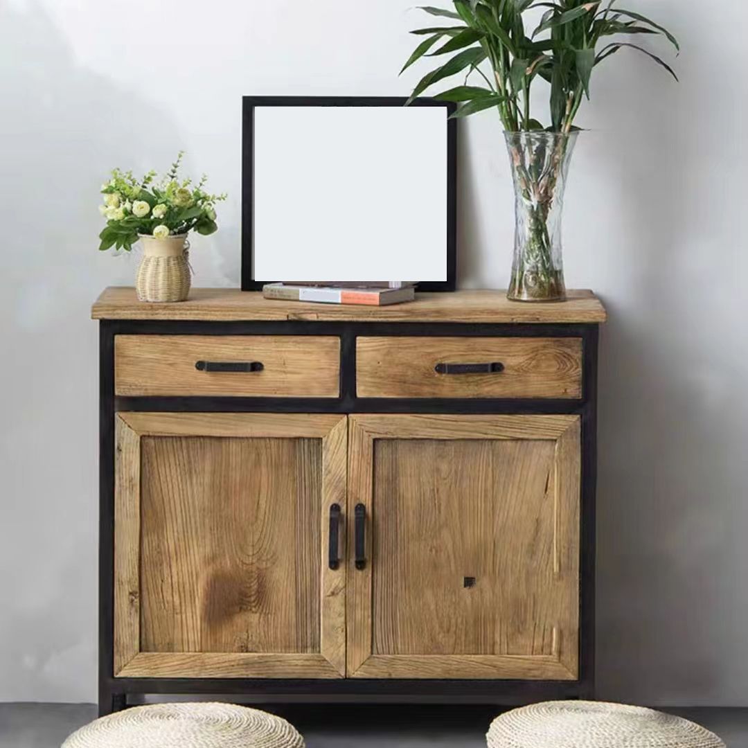 Distressed Wood 15.7" D Accent Cabinet Industrial Iron 2 - Door Chest with 2 Drawers