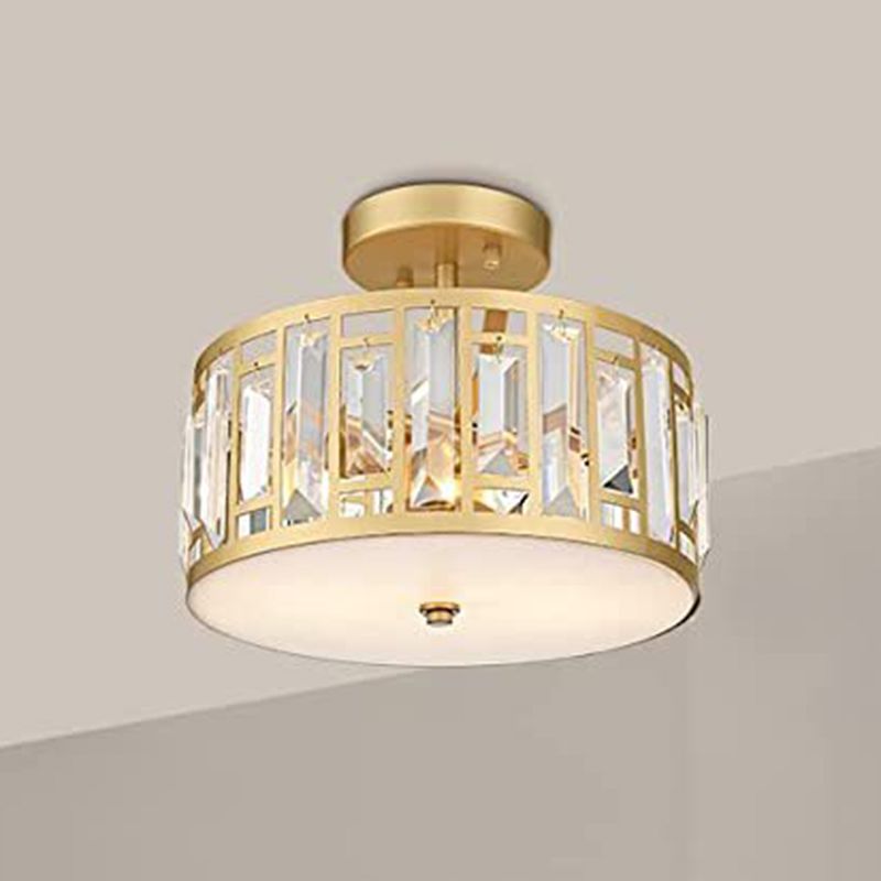 Crystal Semi Flush Contemporary 2 - Light Drum Ceiling Semi Flush in Gold