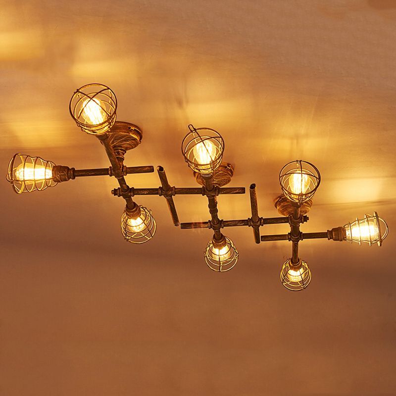 Brass Wire Cage Semi-Flush Light Vintage Industrial Iron 4/6/8 Heads Living Room Ceiling Lighting with Pipe