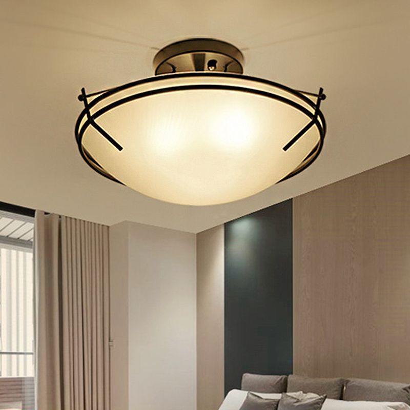 Bowl Frosted Glass Semi Flush Traditional 3 Lights Corridor Ceiling Light Fixture in Black