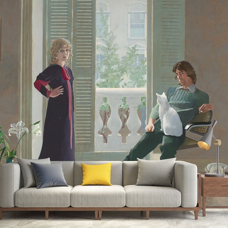 Full Size Modern Art Murals in Brown Hockney Painting of Mr and Mrs Clark and Percy Wall Covering, Custom-Print