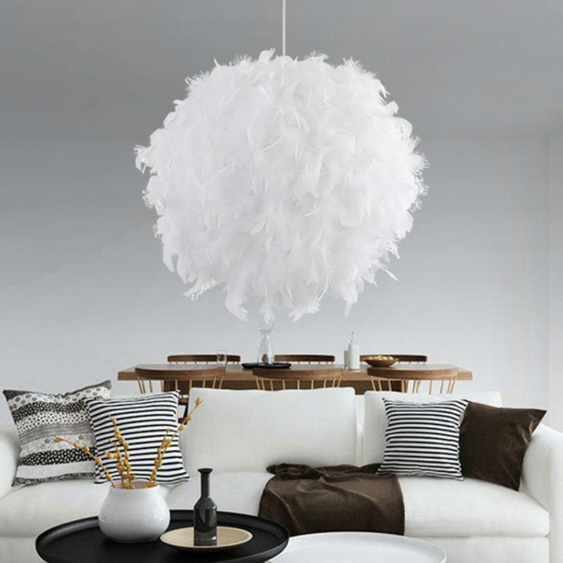 Globe Pendulum Light Simple Feather 1 Head White Hanging Light Fixture for Bedroom