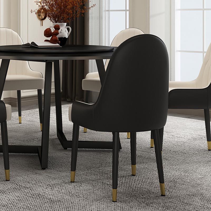 Black Double Pedestal Table Modern Round Stone and Metal Dining Room Table