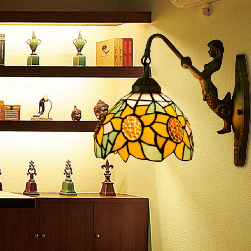 Sunflower Yellow Glass Sconce Light Tiffany 1 Head Bronze Wall Mounted Light with Mermaid Decoration