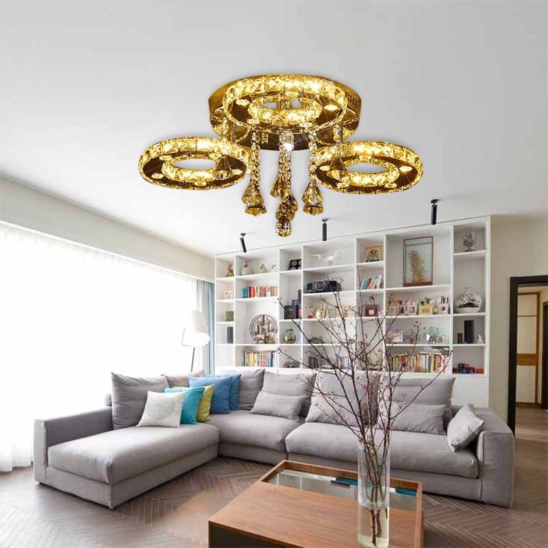Ring Semi Flush Light Contemporary K9 Crystal Chrome 23.5"/28"/33.5" Wide LED Ceiling Lamp, Warm/White/2 Color Light