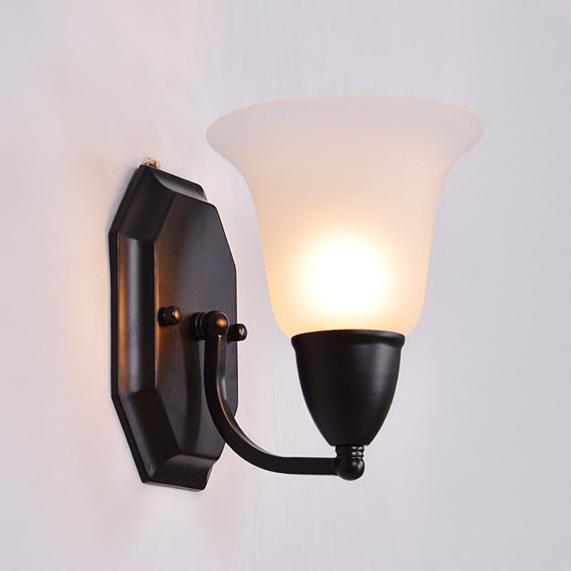Frosted Glass Flared Wall Lamp Country Style Single Corridor Wall Light in Black