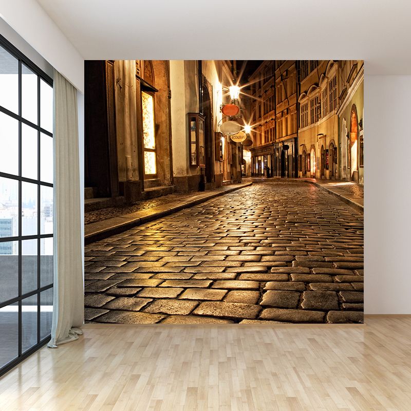 Modern Peaceful Town Mural Wallpaper Yellow Waterproofing Wall Decor for Bathroom