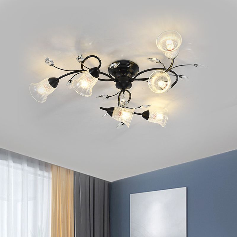 Helder kristal wijd uitlopende plafond spoel minimalistisch 6-head zwart/gouden semi-flush mount licht met gebogen arm