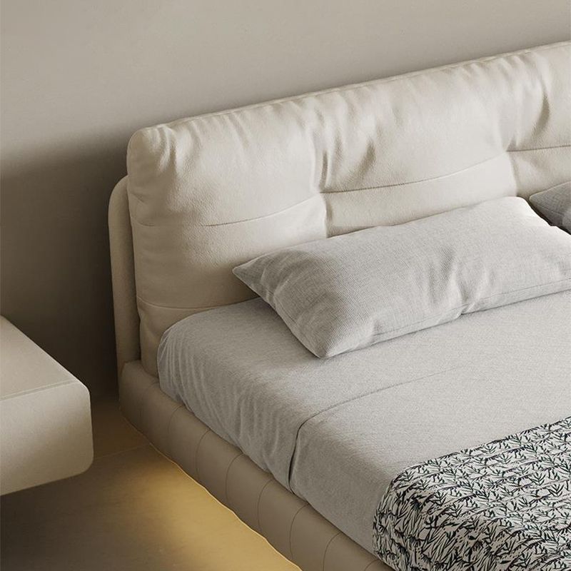 Genuine Leather Upholstered Platform Bed Light Beige Bed Frame