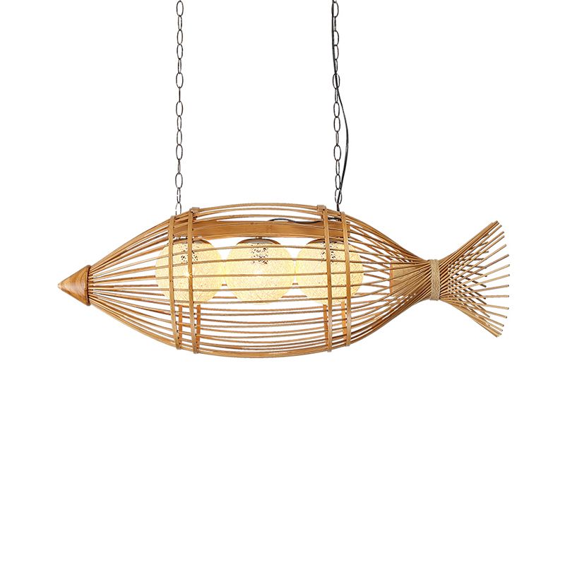 Bamboo Fish Shaped Chandelier Lighting Asian Style 39"/57" W 3 Bulbs Beige Hanging Light with Inner Rattan Ball Shade