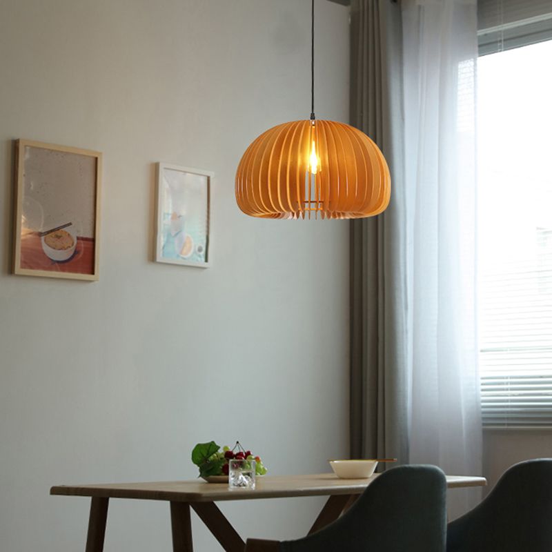 Japanese Style Pumpkin Hanging Light Wood Single-bulb Pendant for Dinning Room