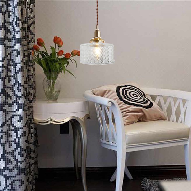 1-Bulb Round Pendant Light Nordic Brass Clear Wavy Glass Suspended Lighting Fixture