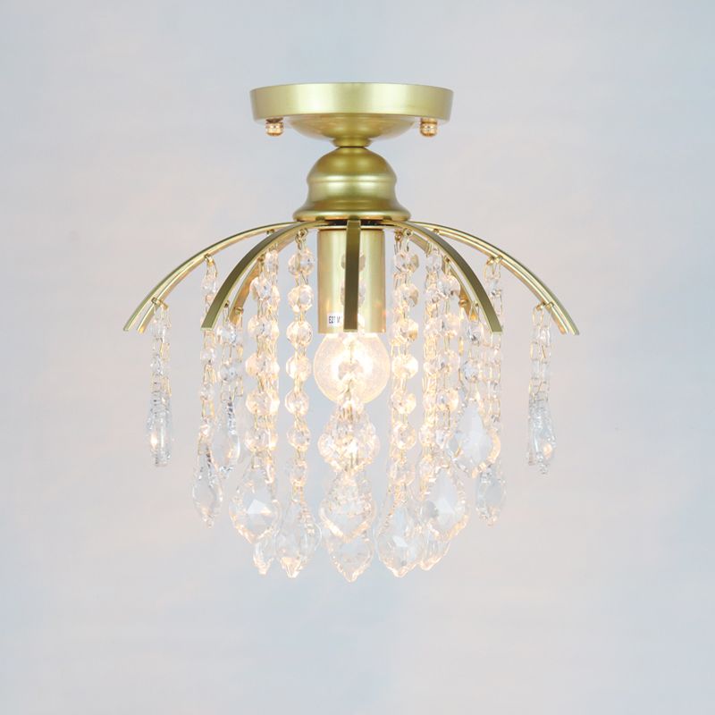 Metal Geometrical Semi Flush Traditional 1 Light Corridor Crystal Ceiling Mounted Fixture in Brass