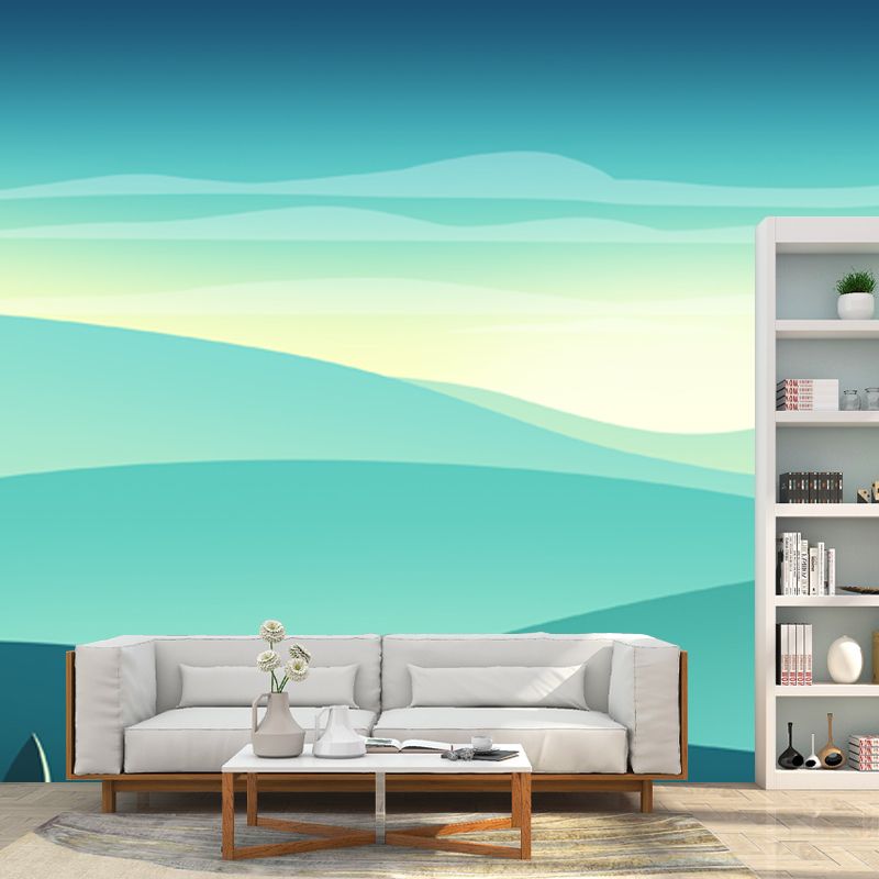 Green Modernist Mural Wallpaper Full-Size Sunrise Landscape Wall Decor for Bedroom