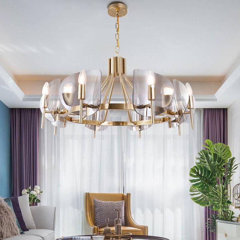 Modern Wagon Wheel Candle Chandelier Light Fixture Clear Glass Shaded Ceiling Chandelier in Gold for Bedroom