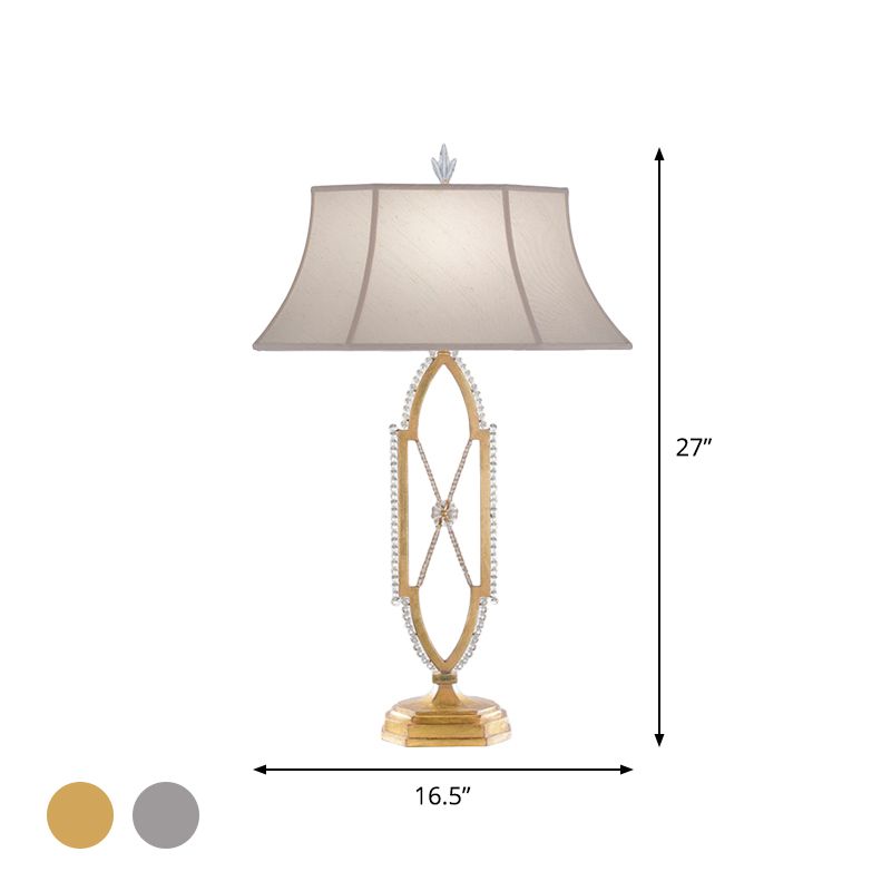 1 Bulb Flared Table Light Traditional Gold/Silver Fabric Shade Nightstand Lamp with X-Shape Crystal Base
