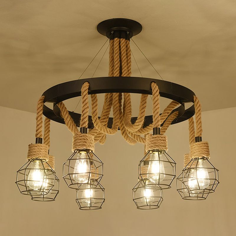 Beige Ceiling Hung Fixture Rustic Style Rope Caged Hanging Chandelier Light for Restaurant