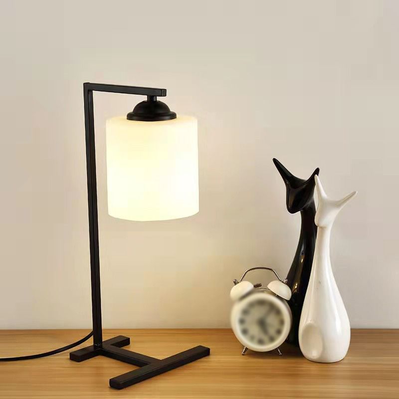 Lumo cilindrico di vetro opalino Luce minimalista a 1 luci nere lampada da comodino