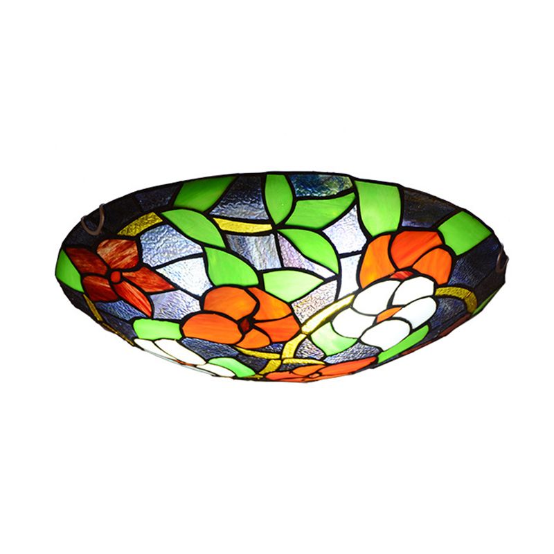 Bedroom Ceiling Fixture Tiffany Black Flush-Mount Light with Round Stained Glass Shade