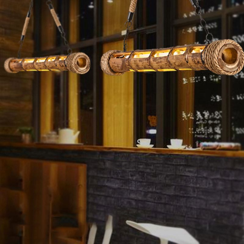 Bamboo Linear Pendant Light Lodge Style LED Ceiling Pendant Light for Restaurant