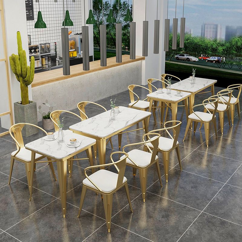 Industrial Dining Table White Sintered Stone Table with Gold Sled Base for Dining Room