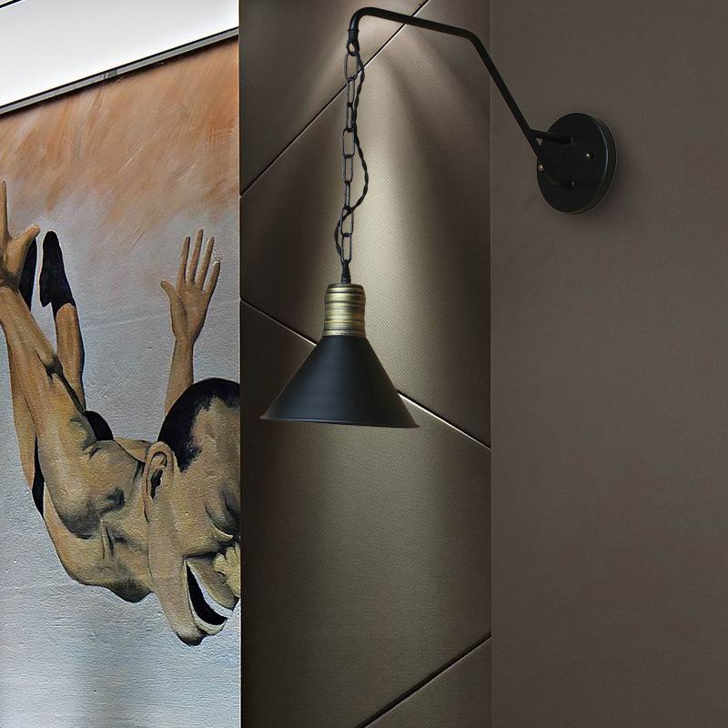 Iluminación de pared cónica negra Iron Retro industrial 1 Comedor ligero Ligera de luz con cadena