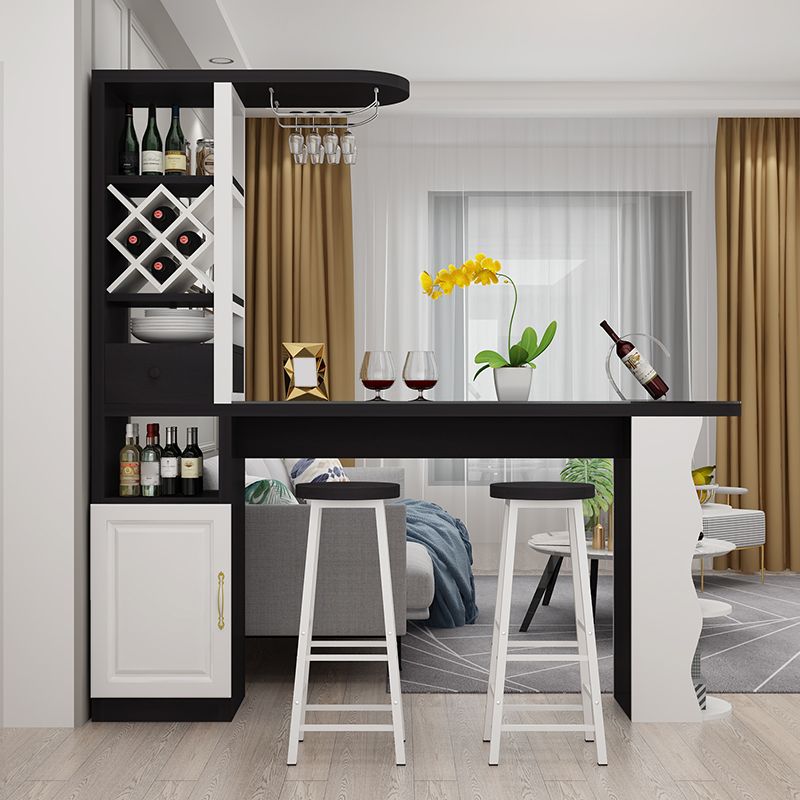 Modern Glass Bar Table Wood Base with Wine Cabinet for Living Room