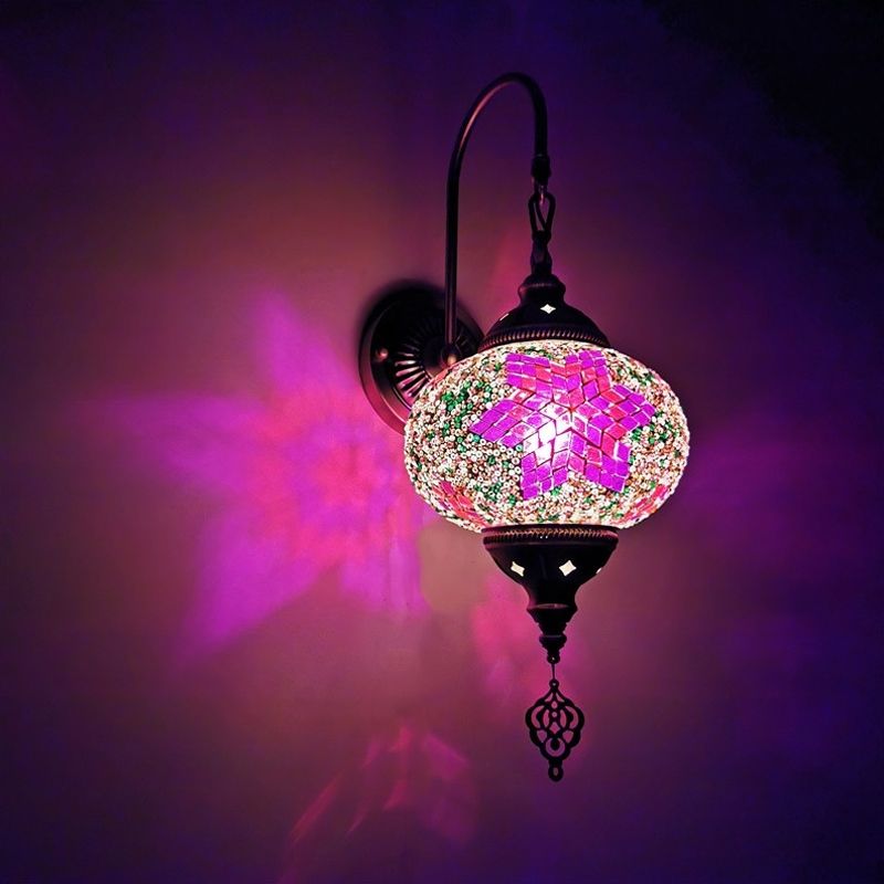 Decorative Sphere Wall Light Fixture 1 Bulb Stained Art Glass Wall Sconce Lamp in Red/Purple/Gold for Bedroom