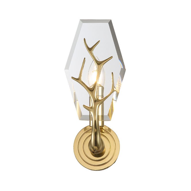 Crystal Panel Sconce Light Fixture Modern 1 Light Living Room Wall Mounted Lamp in Clear with Antler Deco