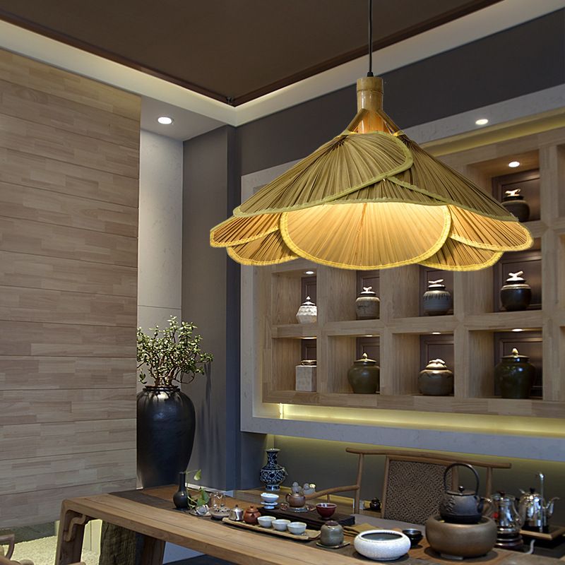 Cattail Fan Bamboo Pendant Light Chinese Style 1-Light Wood Suspension Lighting for Foyer