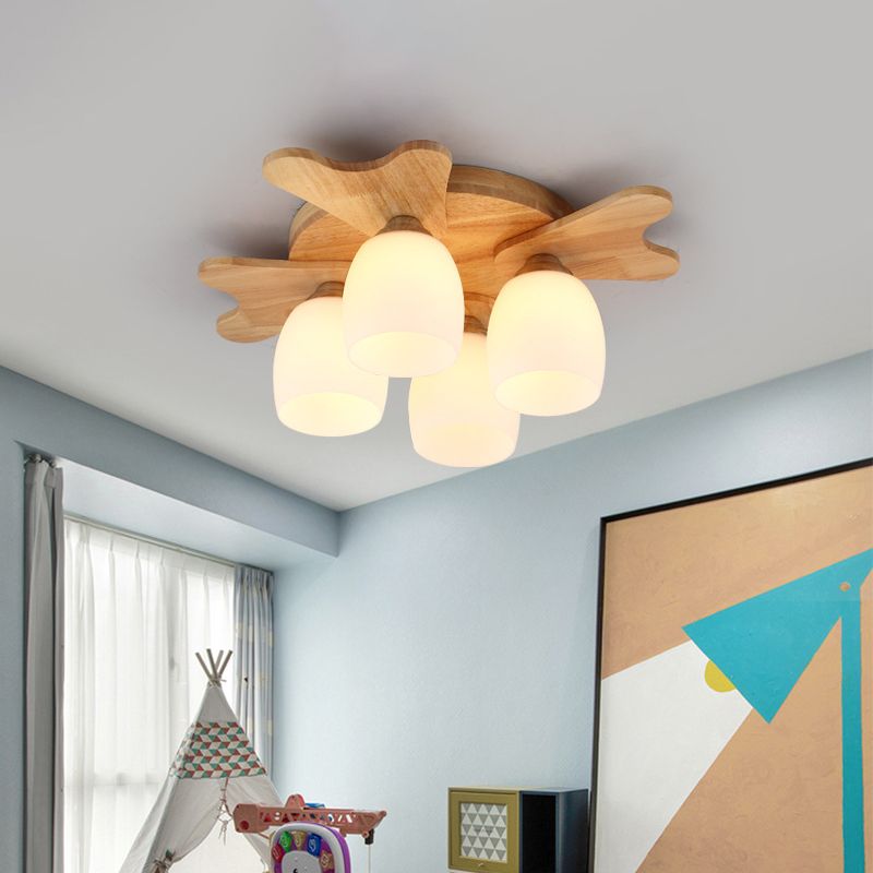 Cream Glass Bell Flush Ceiling Light Nordic 1/5/7-Head Semi Mount Lighting with Antler Top in Wood