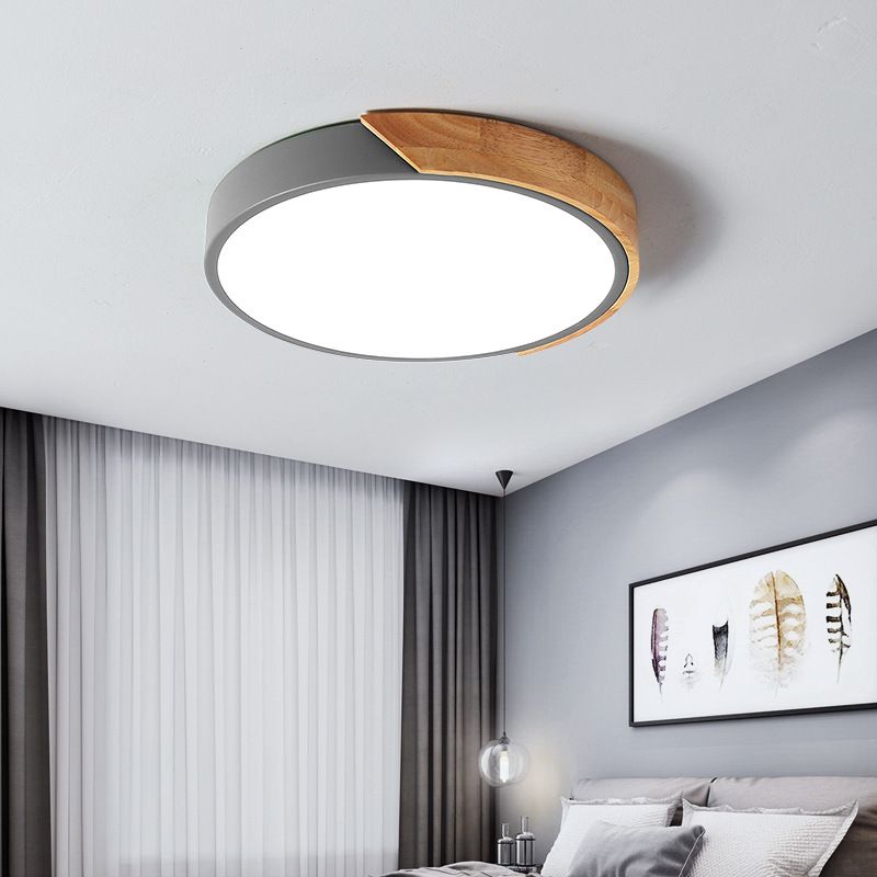Macaron Ceiling Lighting Round LED Flush Mounted Lamp with Acrylic Shade and Wood Decoration