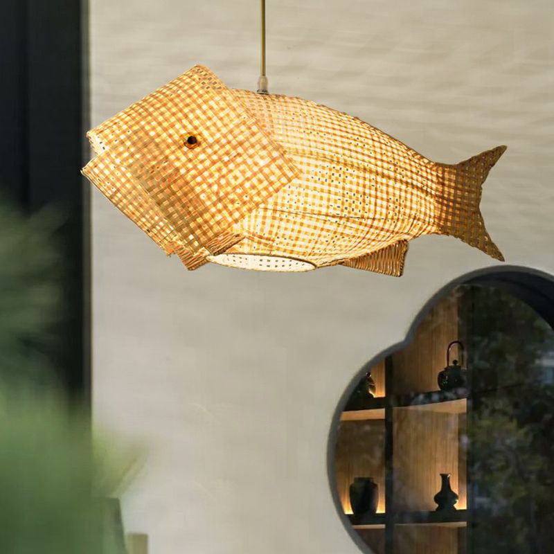 Restaurante en forma de pescado Luz colgante de bambú de bambú asiático asiático en madera