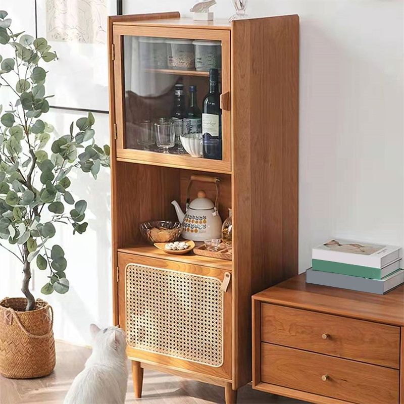 Glass Paned Cabinet Brown Pine and Cherry Accent Cabinet with Doors
